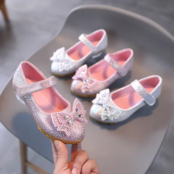 Летни обувки за момиченца с пайети и лък за танци, лъскави обувки на принцесата, детски обувки от естествена кожа в клетката на висок ток