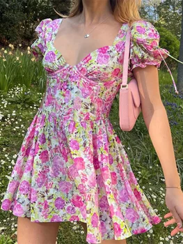 Жена винтажное мини-рокля с цветен модел, пищни рокля трапецовидна форма с къс ръкав и квадратни деколтета, дамски летни клубни секси рокли за партита