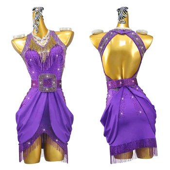 Нова лилава рокля за латино танци, Облекла за състезания, дрехи за занимания в балната зала, женски костюм за кабаре, костюм за бала, женски голям размер