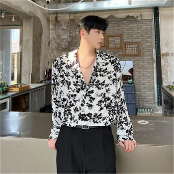 Корейски мъжки ризи с винтажным куба яка, оригинални дизайнерски ежедневни блуза с дълъг ръкав и цветна принтом, луксозни ризи за социален живот, мъжки дрехи