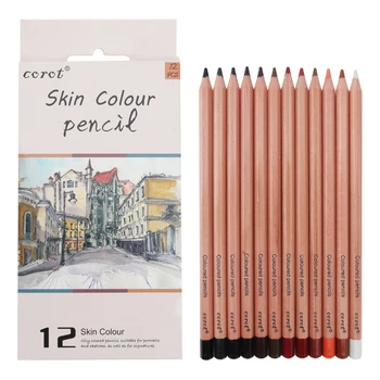 12 Цвята Скица Цвят на Кожата Комплект моливи 4 мм за създаване на студентска Живопис Преносима Професионална Четка за дървени трупи Художествени Аксесоари