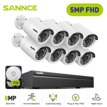 SANNCE H. 265 + 8CH 5MP POE Комплект Системи за Видеонаблюдение 8ШТ 5-Мегапикселова HD IP Камера Външно Водоустойчива за Видеонаблюдение NVR Комплект