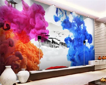 Потребителски тапети новата китайска индивидуалност, рисуването с туш, цветен дим, креативна декоративна живопис, стенни картини за дома на фона на телевизора