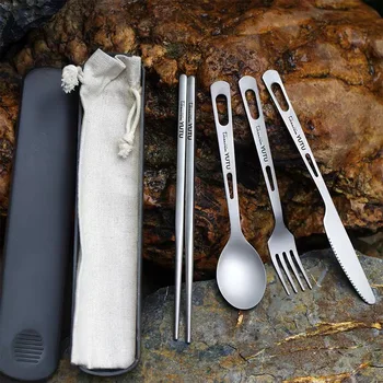 Комплект съдове за готвене от чист титан, открит домакински матиран нож и вилица, Лъжица, пръчици за хранене, Преносими нож и вилица за къмпинг