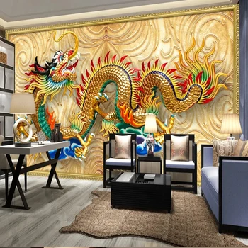Луксозна европейска 3D скулптура на Златния Дракон, Тапети, фотообои, Хол, спалня, синьо, луксозен начало декор, папие-маше, 3D