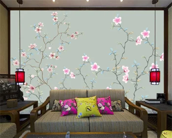 Потребителски тапети прост и елегантен нов китайски стил ръчно рисувани във формата на цвете, праскова, хол, спалня ТЕЛЕВИЗИЯ фон рисувани стенни