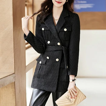 Есенно-зимно модно дамско палто за пролет-есен, офис женска горна дреха, вълнена черна дамски дрехи в стил OL