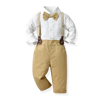 Детски костюми господин за малки момчета, памук костюм с дълги ръкави риза, папийонка + риза + панталон, костюм на джентълмен, детски дрехи, сватбени тоалети