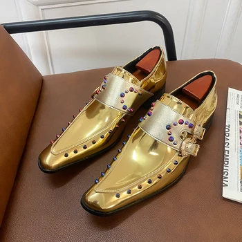 Мъжки обувки от златна лачена кожа 2023, нова мода, персонални кожени обувки с нитове, луксозна удобни обувки за почивка Lefu
