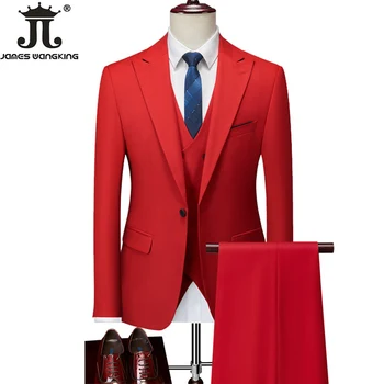 Нов Мъжки костюм (Сако + Жилетка + Панталони), Двубортный Мъжки Официален бизнес костюм, Комплект от три елемента, Сватбената рокля на Булката