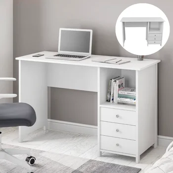 Techni Mobili Модерен бюро с 3 чекмеджета за съхранение, Бяла бюро с чекмеджета Офис бюрото, Компютърна маса