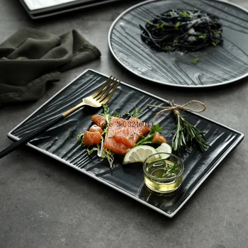 Плоски чинии, за да пържола в скандинавски стил, благородна западна ресторанная чиния, черно и бяло правоъгълно керамично блюдо, домакински съдове