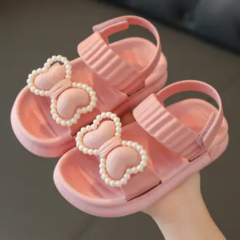Чехли за момичета, лятото 2023, нови летни детски сандали принцеса с нескользящим лък, средни и малки детски сандали