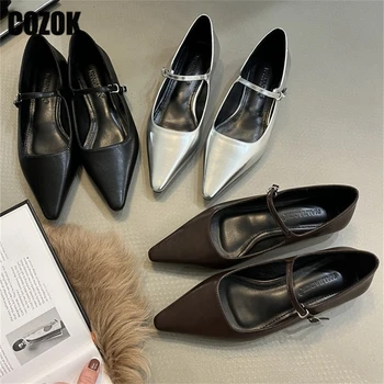 Дамски обувки на плоска подметка с остри пръсти, новост 2023, модни и ежедневни удобни дамски обувки с каишка и катарама, вечерни офис тънки обувки