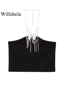 Willshela, дамски модни черни съкратен потник с мъниста, без табли, ретро женски съкратен топ без ръкави на спагети презрамки