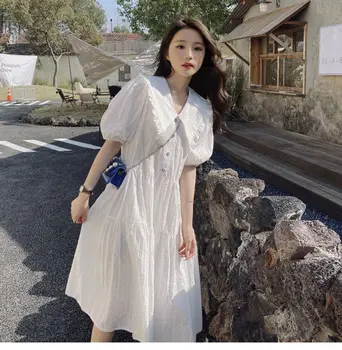 Y44080 # Рокля за бременни Бял цвят, свободно рокля за жените, корейски стил, яка Питър Пан, тънки дрехи за бременни