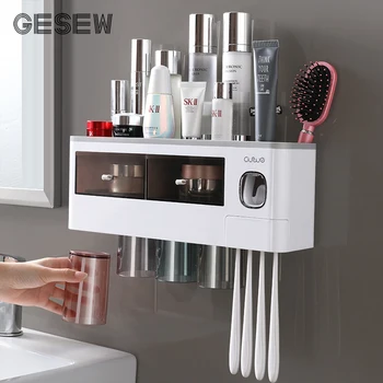 Титуляр четка за зъби GESEW Кутия за съхранение с чаша вода за уста, монтиран на стената на притежателя на четка за зъби за баня, комплекти, аксесоари за баня