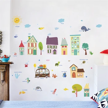 cartoony къща, автобус, дърво, стикери за стени, детски стаи, украса за дома, PVC стикери за стена, направи си сам, стенно изкуство, декоративен плакат