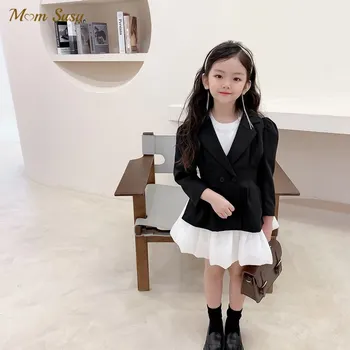 Модерен комплект официални облекла за малки момичета, с костюм, сако + пола, 2 бр., черно дълго яке, бяла пола, комплект детски дрехи от 2 до 10 години
