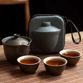 Керамичен Чайник, 1 Гърне, 3 Чаши, За Пътуване на Открито, Чай и Прибори Кунг-фу, Чанта за Церемонията, Китайска супа от супник Gaiwan, Дизайнерски Чаен Сервиз