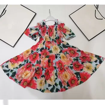 Висок клас марка, детско лятно памучни рокля с пола на цветчета, големи червени цветя, с къс ръкав от 2 до 12 години DG299