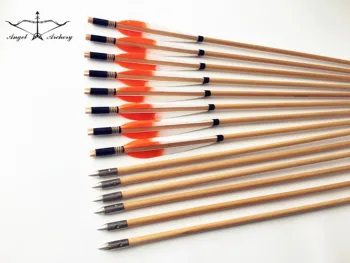 6PK/12PK Красиви дървени стрели с оранжеви пера 28-33 инча може да се направи за ловен лък от дърво