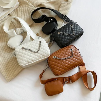 Дамски чанта през рамо с веригата, бродирани ромбической решетка, Дамски квадратна чанта с малък чантата, Модерни ежедневни чанти за пазаруване от изкуствена кожа
