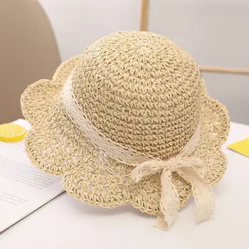 Модни детски сламена шапка с широка периферия, лятна солнцезащитная лейси шапка за момичета, сгъваеми плажни шапки-кофи принцеса