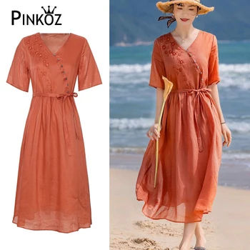 Pinkoz летни дизайнерски оранжеви копчета, v-образно деколте, къс ръкав, летни рокли midi за жени, свободно рокля, модерни рокли в голям размер