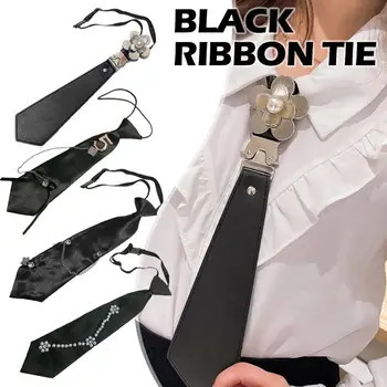 Вратовръзка в готически стил за жени, черна метална верижка от изкуствена кожа, вратовръзка с хрустальным цвете на врата, тай-яка за жени, мъже училищни униформи в стил пънк, предварително навързани вратовръзка