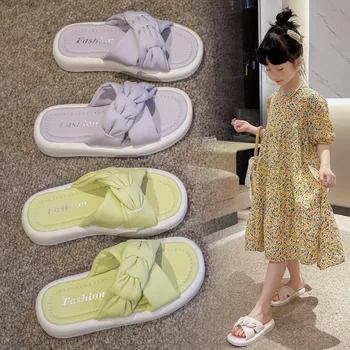 Детски зелени чехли, Нова ярка лятна ежедневни обувки, модни улични чехли с кръгло бомбе за момичета, zapatos niña
