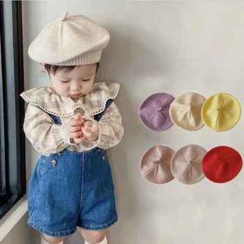 Корейска детска шапка, барети за момичета, реколта в есенно-зимната топло вязаная капачка, обикновен детски шапки за художници, абсорбатори