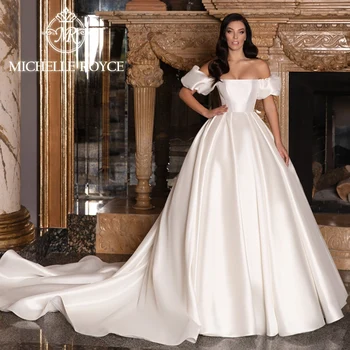 Бална рокля Мишел Ройс, атласное сватбена рокля с високо качество, без презрамки, с ръкави-фенерче, сватбена рокля с влак, Vestidos De Новия