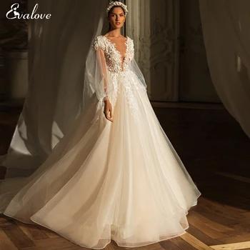 EVALOVE Романтична сватбена рокля трапецовидна форма, с кръгло деколте и отворен гръб за булката, луксозни Цветове, апликации от мъниста, винтажное сватбена рокля с дълъг ръкав