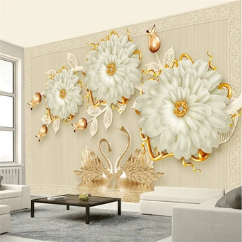 Beibehang Потребителски тапети 3D стенопис стерео луксозни бижута цвете лебед романтична ТЕЛЕВИЗИЯ фон тапети начало декор на 3d тапети