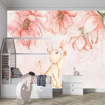 Ръчно рисувани розови цветове, акварел защита на околната среда cartoony котка дневна спалня по поръчка самозалепващи се тапети mur