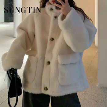 Sungtin Реколта плюшени изолирана свободни палто от вълна от овце, дамски модни флисовые якета Оверсайз 2023, зимни и ежедневни връхни дрехи