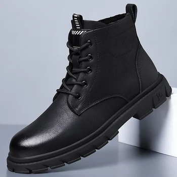 Нова тенденция мъжки ботильоны, черни маратонки, градинска мода високи обувки в стил пънк за мъже, ежедневни кожени обувки, обувки за улично мотокрос