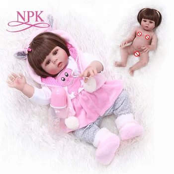 NPK 48 см, кукла с къса коса, възстановената момиче-момче в розова рокля с заек, силиконова кукла с гладки дълга коса ръчна изработка