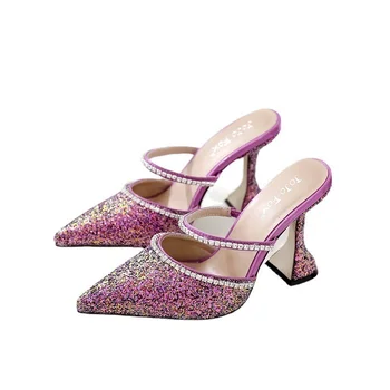 Популярни в Европа и Америка летни новости за 2020 г., ослепително розово дамски чехли на висок ток с пайети и кристали, украсени с макари