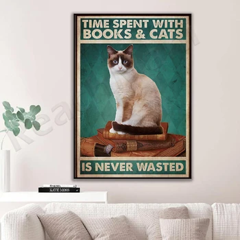 Времето, прекарано на книги и котки, никога не се губи, плакат с котки, художествена печат за любителите на книги, плакат с изображение на котки на стената