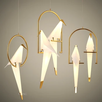 Окачен лампа в Скандинавската златна клетка за птици, хол, спалня, оригами, птици лампа, Кухня, окачен лампа, трапезария, хартиени къщички