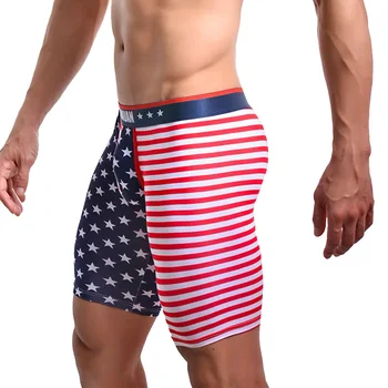 Мъжки дълги боксови шорти с изображение на знамето на САЩ, Бельо от висококачествен памук, мъжки секси гащи с издатини, Къси панталони за домашно сън