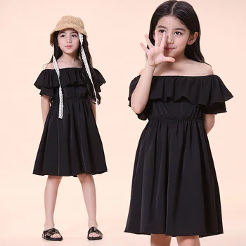 Лятна рокля за малки момичета от Хепбърн, ново стилна рокля 2022 година, черна с едностранни рамене